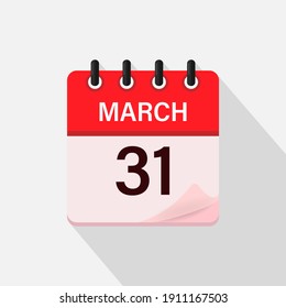 March 31, Calendar icon with shadow. Day, month. Flat vector illustration.