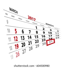 March 31, highlighted on 2017 calendar. Vector Illustration.