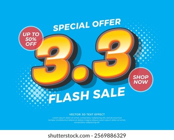 March 3.3 Flash sale shopping poster or banner on blue background, special offer and promotion template banner