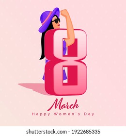 March Of 3D 8 Number With Beautiful Woman Showing Strong Arm On Pink Background For Happy Women's Day Celebration.
