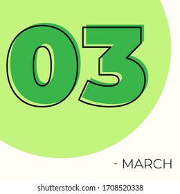 March 3rd Modern calendar isolated on white background. Vector illustration. Green colors 