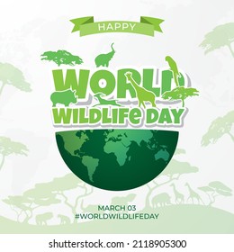 March 3td World Wildlife Day illustration on maps background design. Happy World Wildlife Day