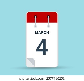 March 4 calendar icon isolated on background. March vector for day of week and month in red. Calendar design vector template. Vertical orientation.