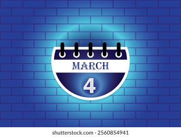 March 4 calendar sign on blue neon brick wall background. Flat design style. Date, day and month. Vector illustration.