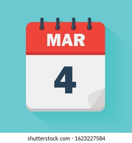 March 4th. Daily calendar icon in vector format.  Date, time, day, month. Holidays