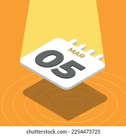 March 5 - 3D calendar floating with spotlight on yellow background