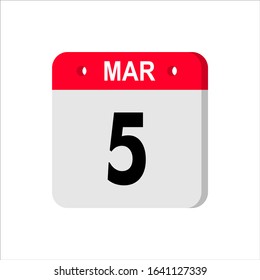 March 5  - Calendar Icon. Calendar Icon with shadow. Flat style. Date, day and month. Reminder. Vector illustration. Organizer application, app symbol. Ui. User interface sign. EPS 10