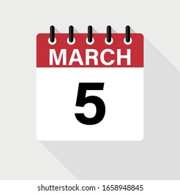 MARCH 5 - Calendar Icon. Calendar Icon with shadow. Flat style. Date, day and month.