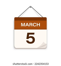 March 5, Calendar icon with shadow. Day, month. Meeting appointment time. Event schedule date. Flat vector illustration. 