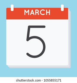 March 5. Calendar icon. Vector illustration in flat design isolated in blue background. Date and time, day, month.