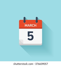 March 5. Calendar icon.Vector illustration,flat style.Date,day of month:Sunday,Monday,Tuesday,Wednesday,Thursday,Friday,Saturday.Weekend,red letter day.Calendar for 2017 year.Holidays in March.