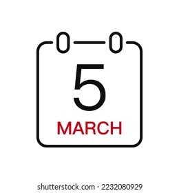 March 5 date on the calendar, vector line stroke icon for user interface. Calendar with date, vector illustration.