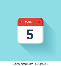 March 5. Isometric Calendar Icon With Shadow.Vector Illustration,Flat Style.Month and Date.Sunday,Monday,Tuesday,Wednesday,Thursday,Friday,Saturday.Week,Weekend,Red Letter Day. Holidays 2017.