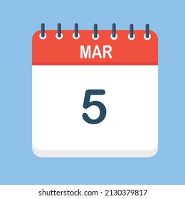 March 5. Round calendar Icon with long shadow in a Flat Design style.  Vector Illustration. Easy to edit, manipulate, resize or colorize.