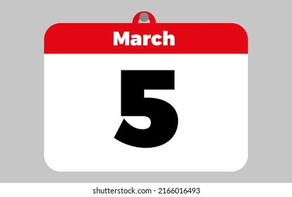 5 de marzo. Calendario blanco y rojo.