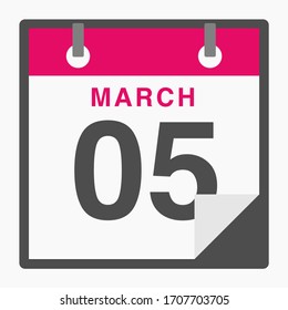 5 de marzo Calendario de icono plano aislado en fondo blanco. Ilustración del vector