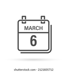 March 6, Calendar icon with shadow. Day, month. Flat vector illustration.