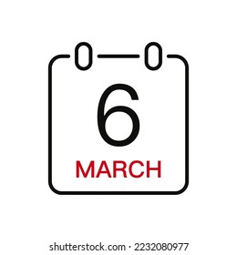 March 6 date on the calendar, vector line stroke icon for user interface. Calendar with date, vector illustration.