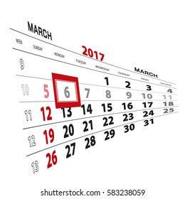 March 6, highlighted on 2017 calendar. Vector Illustration.