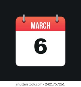 March 6, Red and White Color Calendar Page with Black Outline
