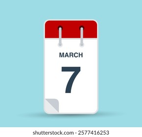 March 7 calendar icon isolated on background. March vector for day of week and month in red. Calendar design vector template. Vertical orientation.