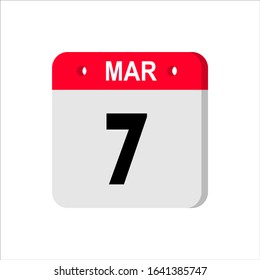 March 7  - Calendar Icon. Calendar Icon with shadow. Flat style. Date, day and month. Reminder. Vector illustration. Organizer application, app symbol. Ui. User interface sign. EPS 10