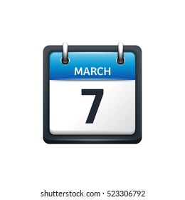 March 7. Calendar icon.Vector illustration,flat style.Month and date.Sunday,Monday,Tuesday,Wednesday,Thursday,Friday,Saturday.Week,weekend,red letter day. 2017,2018 year.Holidays.