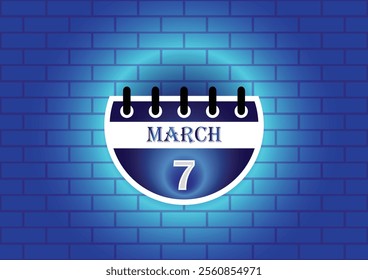 March 7 calendar sign on blue neon brick wall background. Flat design style. Date, day and month. Vector illustration.