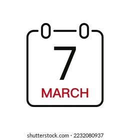 March 7 date on the calendar, vector line stroke icon for user interface. Calendar with date, vector illustration.