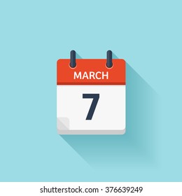 March 7.Calendar icon.Vector illustration,flat style.Date,day of month:Sunday,Monday,Tuesday,Wednesday,Thursday,Friday,Saturday.Weekend,red letter day.Calendar for 2017 year.Holidays in March.