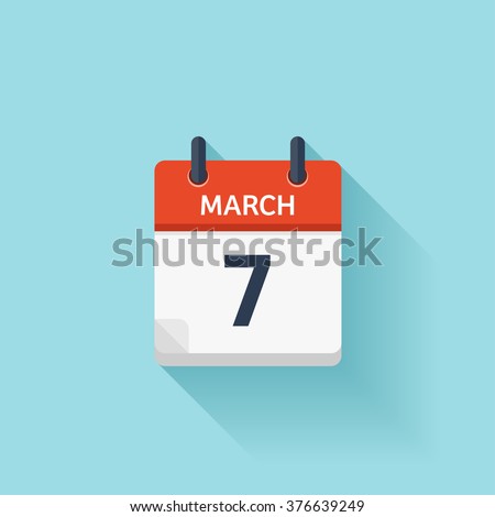 March 7.Calendar icon.Vector illustration,flat style.Date,day of month:Sunday,Monday,Tuesday,Wednesday,Thursday,Friday,Saturday.Weekend,red letter day.Calendar for 2017 year.Holidays in March.