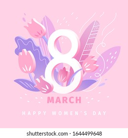 March 8 - 3D. Banner for the International Women's Day with the tulips and leaves. Invitation with the number 8 with the effects of 3D with plants, leaves, and spring flowers. Vector illustration.