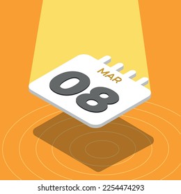 March 8 - 3D calendar floating with spotlight on yellow background