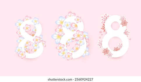 March 8, 8, 3d pastel flowers, on white background international womens day.