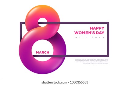 March 8 abstract fluid form with frame. International Women's day white background. Trendy liquid 3d figure eight for greeting card, flyer or brochure template. Vector illustration. Place for text