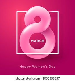 March 8 abstract fluid form with frame. International Women's day pink background. Trendy liquid 3d figure eight for greeting card, flyer or brochure template. Vector illustration. Place for text