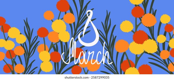 March 8. Background with mimosa. Happy International Women's Day. Vector illustration.	
