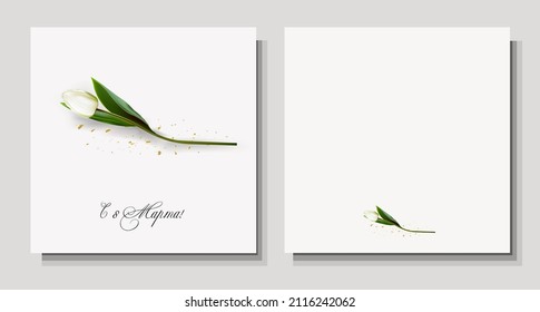 March 8 banner background design. From March 8 in Russian. Template for advertising, online advertising, social networks and fashion advertising. International Women's Day. Spring women's holiday.