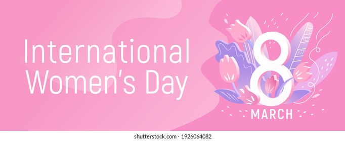 March 8. Banner for the International Women's Day with the tulips and leaves. Invitation with the number 8 with the effects of 3D with plants, leaves, and spring flowers. Vector illustration.