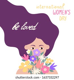 March 8. Beautiful card for International Women's Day with the image of beautiful women, spring flowers and a cute handwritten font. Flat isolated vector illustration on white background.