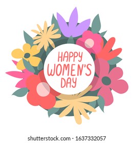 March 8. A beautiful postcard for International Women's Day featuring beautiful spring flowers and a cute handwritten font. Flat isolated vector illustration on white background.