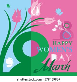 March 8. Beautiful vector card with flowers and butterflies for the spring holiday.