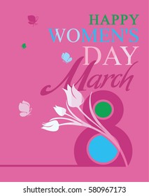 March 8. Beautiful vector card with tulips and butterflies for the spring holiday.