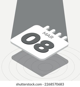 March 8 - Black and white 3D calendar floating with spotlight on white background