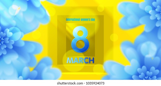 March 8. Blue, Yellow, defocused bokeh paper cut Flower greeting banner. Origami flower holiday background. A square frame, a place for text. Happy woman's day. Fashionable design template.