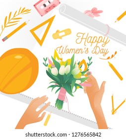 March 8 bouquet with tulips and women s hands. View of the desktop from the top. desktop architect women. hard hat on the table, ruler, drawing paper, pens and pencil