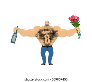 March 8. Brutal macho congratulate. bottle of wine and bouquet of roses. Male torso with hair. Epilation figure eight. Men's gift for International Women's Day.