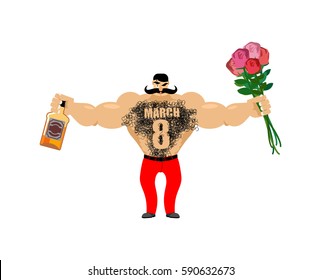 March 8. Brutal macho congratulate. bottle of wine and bouquet of roses. Male torso with hair. Epilation figure eight. Men's gift for International Women's Day.