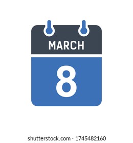 March 8 Calendar Date Icon, Event Date Icon, Calendar Date, Icon Design Vector Graphic