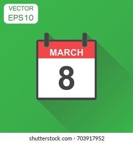 March 8 calendar icon. Business concept calendar pictogram. Vector illustration on green background with long shadow.